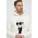 Karl Lagerfeld Bombažen pulover moška, bež barva, s kapuco