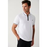 Avva Men's White 100% Cotton Zippered Standard Fit Regular Cut Polo Neck T-shirt cene