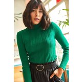 Olalook Women's Emerald Green Half Turtleneck Zigzag Textured Soft Knitwear Sweater Cene