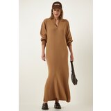  Women's Biscuit Zipper Collar Ribbed Long Knitwear Dress Cene