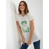 Fashion Hunters Ecru-green cotton women's T-shirt with 3D application Cene
