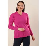 By Saygı V-neck Acrylic Sweater with Patterned Sleeves and Slits in the Sides Plus Size Plus Size Sweater Fuchsia Cene