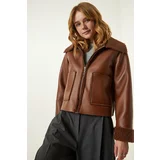 Happiness İstanbul Women's Tan Fur Collar Wide Pocket Faux Leather Jacket