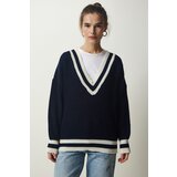 Happiness İstanbul Women's Navy Blue V Neck Ribbon Detailed Oversize Knitwear Sweater Cene