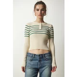 Happiness İstanbul Women's Cream Green Buttoned Collar Ribbed Crop Knitwear Blouse