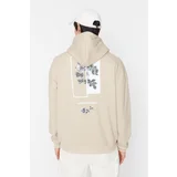 Trendyol Beige Men's Oversize Hooded Long Sleeve Printed Sweatshirt