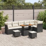 vidaXL 9 delni vrtni sofa set z blazinami Črna Poli ratan Akacija, 3 delni vrtni jedilni set z blazinami Črna Poli ratan Akacija | Shoptok.si