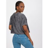 Fashion Hunters Dark gray short t-shirt with a print pattern and a round neckline Cene