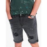 Ombre Men's short denim shorts with rubbing and rolled up leg - gray | ePonuda.com