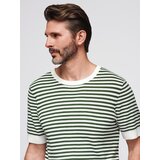 Ombre Men's knitted t-shirt with navy stripes and openwork weave - olive and white | shoptok.hr