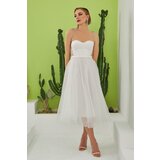 Carmen Ecru Tulle Strap Princess Midi Prom and Wedding Dress cene