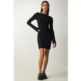 Happiness İstanbul Women's Black Boat Neck Ribbed Saran Knitted Dress