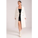 armonika Women's Ecru Double Breasted Collar Waist Belted Long Trench Coat with Pocket cene