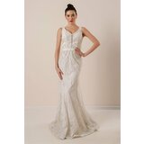 By Saygı Thick Straps Ghost Tulle Lined Glittery Long Dress Cream Cene