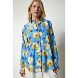  Women's Blue Yellow Patterned Oversize Flowy Viscose Shirt | shoptok.hr