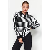 Trendyol Black Striped Polo Neck Fleece Inside Oversized/Wide Knitted Sweatshirt cene