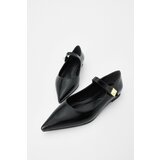 Marjin Women's Pointed Toe Flats with Velcro and Stones Side-tie Black. Cene