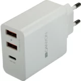 Canyon H-08 Universal 3xUSB AC charger (in wall) with over-voltage protection(1 USB-C with PD Quick Charger), Input 100V-240V, OutputUSB-A/5V-2.4A+USB-C/PD30W, with Smart IC, White Glossy Color+ orange plastic part of USB, 96.8*52.48*28.5mm, 0.092kg - CNE