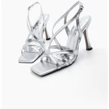 Marjin Women's Heeled Shoes Blunt Toe Cross Strap Heeled Sandals Resi Silver