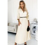 numoco basic 462-4 SERENA Pleated maxi dress with neckline, belt and 3/4 sleeves - ecru | Shoptok.si