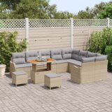 vidaXL 12-delni komplet vrtne kavne garniture z blazinami bež poli ratan akacija | Shoptok.si