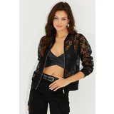Cool & Sexy Women's Black Zippered Ruched Bomber Jacket ST823