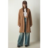 Happiness İstanbul Women's Camel Double Breasted Collar Pocket Boucle Coat Cene