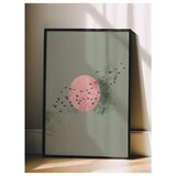Wallxpert uramljena slika 115234, ružičasto sunce i jato ptica na maslinastozelenoj pozadini, 30 x 40 cm, crni ram Cene
