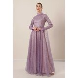 By Saygı Lined Beaded Detailed Tulle Long Dress with a Pile Collar And Sleeves With A Belt At The Waist Lilac. Cene
