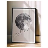 Wallxpert uramljena slika 115210, crno-beli Mesec i jato ptica na svetlosivoj pozadini, 50 x 70 cm, crni ram Cene