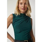 Happiness İstanbul Women's Emerald Green Pleated Sleeveless Sandy Knitted Blouse