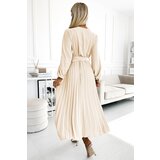 numoco basic 504-7 VIVIANA Pleated midi dress with scoop neckline, long sleeves and wide belt - light beige | Shoptok.si