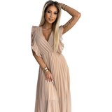 Numoco 315-6 EMILY Pleated dress with ruffles on the shoulders and neckline - beige | Shoptok.si
