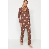 Trendyol Brown 100% Cotton Teddy Bear Printed Shirt-Pants Knitted Pajamas Set Cene