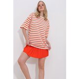 Trend Alaçatı Stili Women's Orange Crew Neck Ribbed Striped 2 Thread Unisex T-Shirt Cene