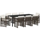 vidaXL 9-dijelni set za blagovanje na otvorenom s jastučićima smeđi poli ratan, vrtni stol crn 200x80x73 cm staklo Cijene