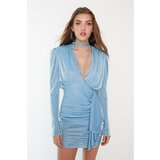 Trendyol X Sagaza Studio Blue Halter Neck Detailed Silvery Dress Cene