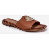 Zazoo 2938 Leather Slippers With Flat Heel And Decoration Camel | Shoptok.si