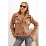 Kesi Włoski Women's jacket with fluffy wool texture and decorative buttons camel Cene