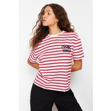 Trendyol Red-White Striped Slogan Embroidery Detailed Relaxed/Comfortable Fit Knitted T-Shirt Cene