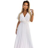 numoco basic 585-1 Plisowana letnia sukienka midi z dekoltem i szerokim paskiem - ECRU | Shoptok.si
