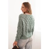 Kesi Włoski Women's openwork sweater with a V-neck and golden buttons dark mint | shoptok.hr