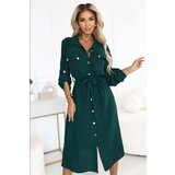 numoco basic 531-7 Midi shirt dress with gold buttons and tie detail - green Cene
