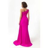 Lafaba Women's Fuchsia One-Shoulder Long Evening Dress with Stones. | Shoptok.si