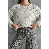 Dewberry 69491 Patterned Openwork Knitwear Womens Sweater-CREAM