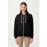 LOS OJOS Women's Black and White Hooded Oversized Rayon Zipper Knitted Sweatshirt