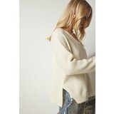  Women's Ecru V-Neck Textured Knitwear Sweater | Shoptok.si