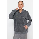 Trendyol Anthracite Printed Thick Fleece Inside, Wash-Effect Oversized Knitted Sweatshirt | shoptok.hr
