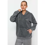 Trendyol Anthracite Printed Thick Fleece Inside, Wash-Effect Oversized Knitted Sweatshirt