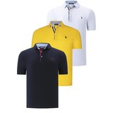 Dewberry TRIPLE SET T8582 MENS T-SHIRT-NAVY BLUE-WHITE-YELLOW Cene